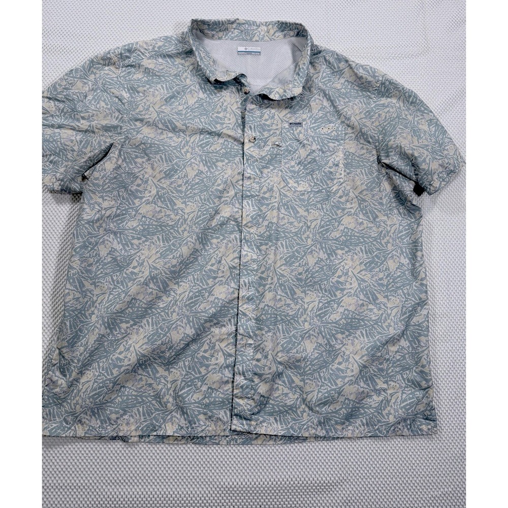 Columbia PFG Fishing Shirt XXL Blue White Fish Print Vented Short Sleeve